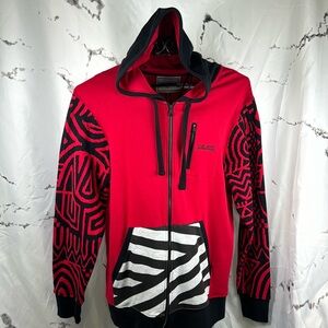 Jewel House Tribal Print Hoodie Drawstring Full Zip Knit Sleeves Back Hit Logo